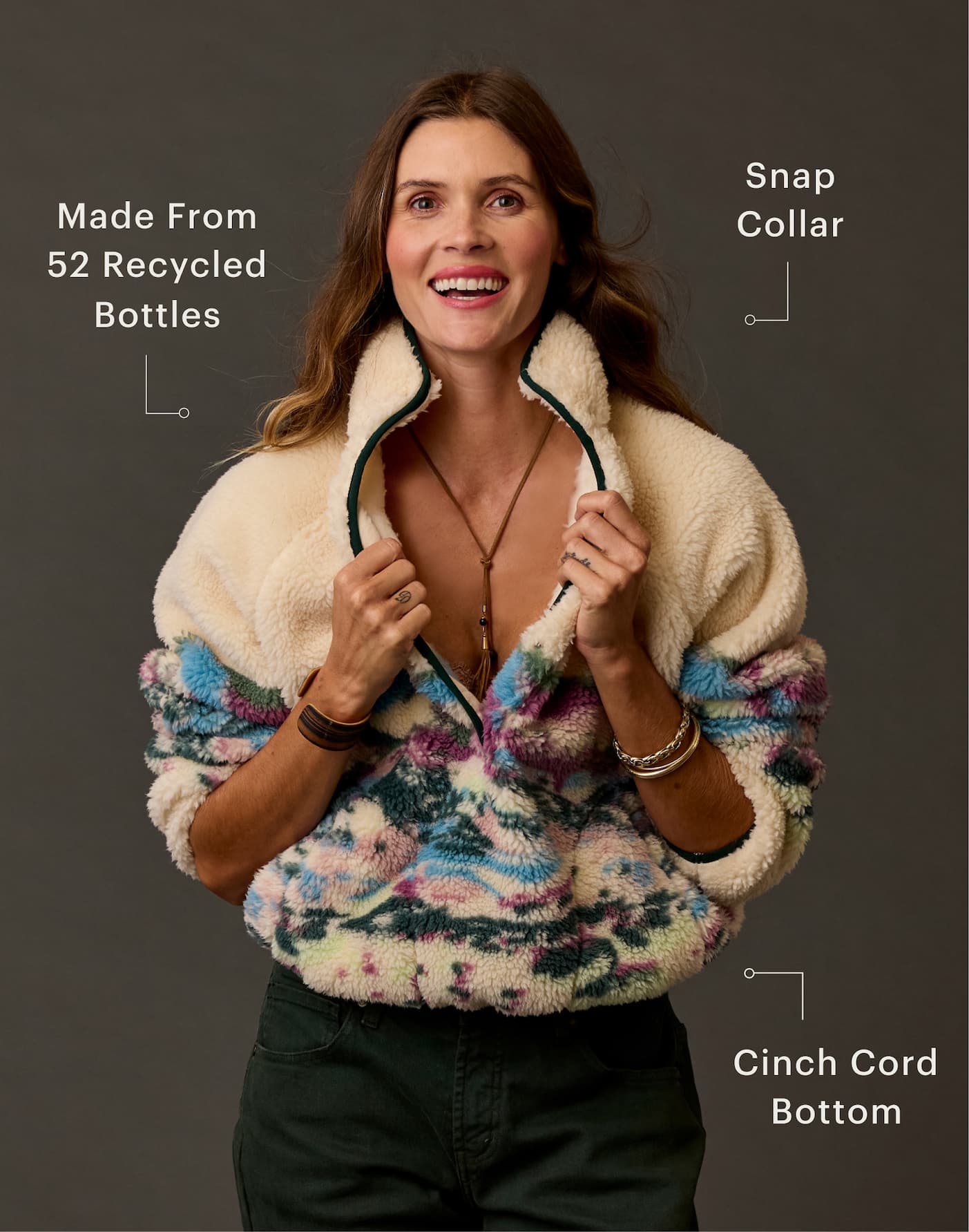 Woman in Scout Fleece in Studio with product callouts. 