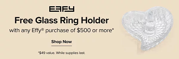 Effy. Free glass ring holder with any Effy purchase of $500 or more. $49 value. While supplies last. Shop now. A heart shaped glass ring holder.