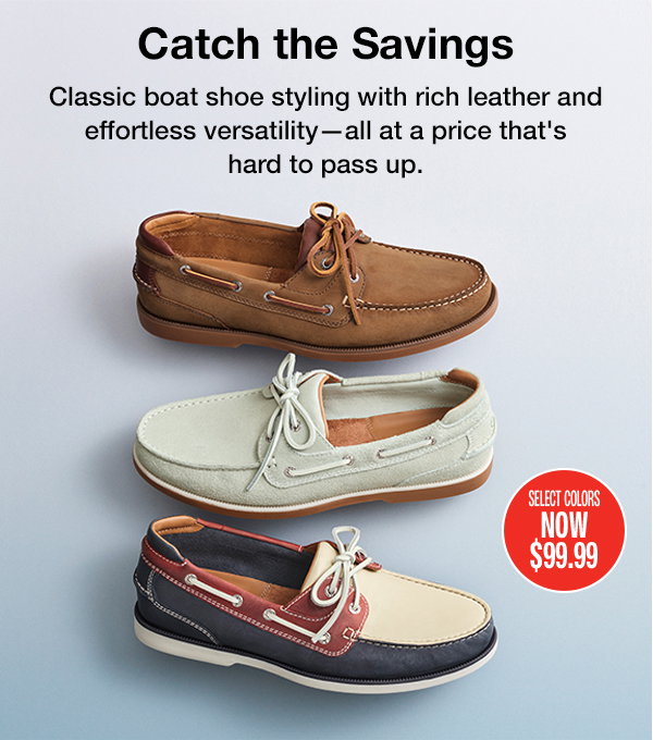 Three classic boat shoes in brown, ivory, and navy displayed on a light background. Text reads: 