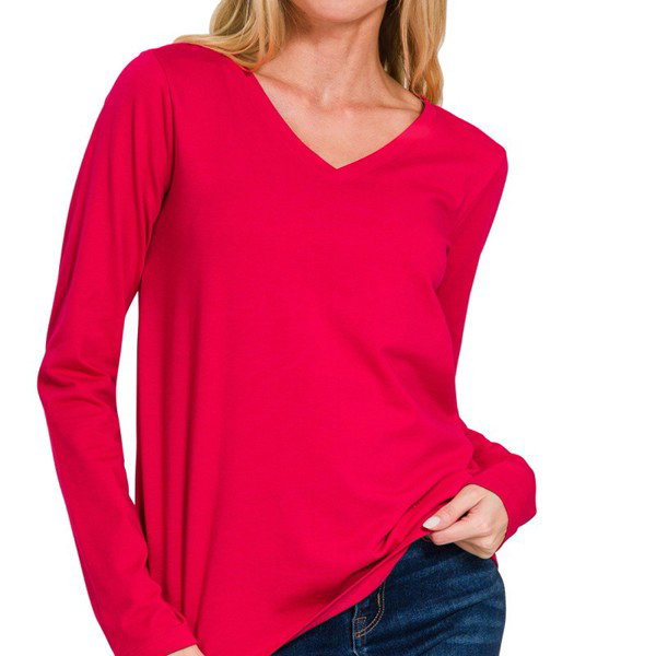 COTTON V-Neck Long Sleeve Top | S-XL