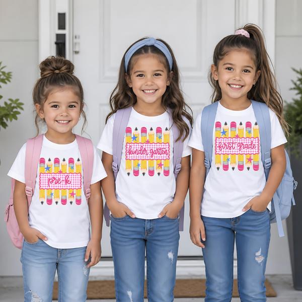 Back to School Girls Preppy Pencil Gingham Stripes Tee Shirt