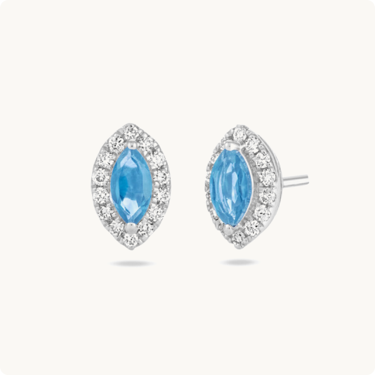 Marquise Blue Topaz Halo Lab Grown Diamond Earrings in Sterling Silver