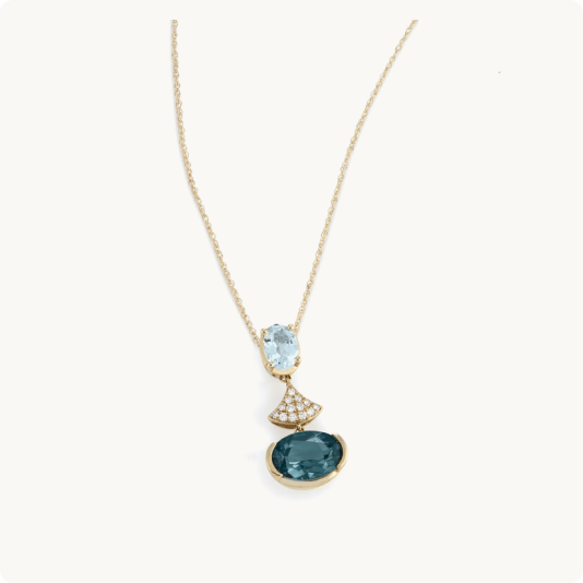 Oval London Blue Topaz and Oval Sky Blue Topaz with Diamond Fan Center Pendant in 10k Yellow Gold