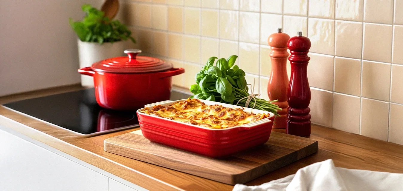 Un plat en céramique rouge avec des lasagnes cuites sur une planche à découper en bois, une casserole rouge, des herbes fraîches, des salières et poivrières, et un linge blanc sur le plan de travail de la cuisine.