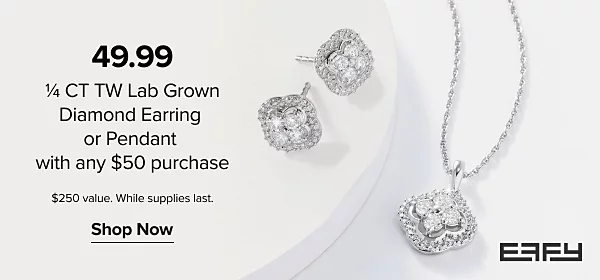 Diamond earrings and a diamond necklace. 49.99 1/4 CT TW lab grown diamond earring or pendant with any $50 purchase. $250 value. While supplies last. Shop now. Effy.