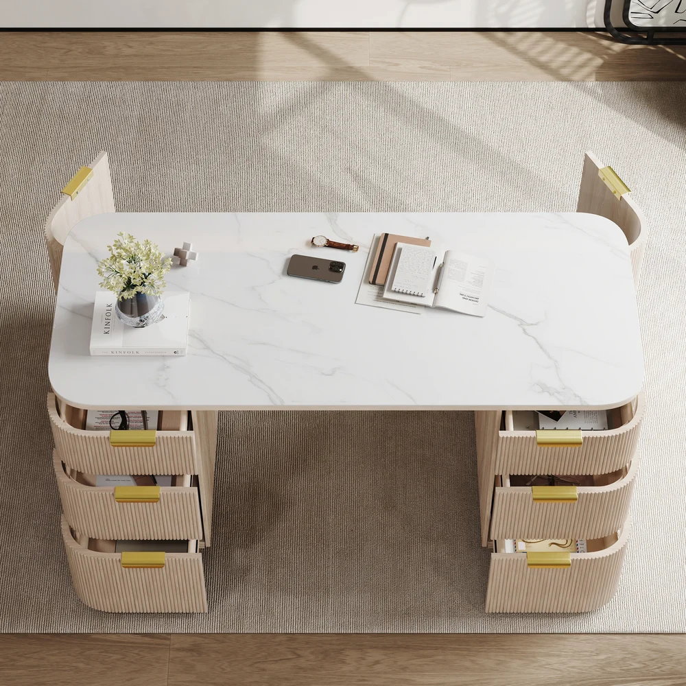 Modern 64" Rounded Edge Whitewash Sintered Stone Desk with Dual Storage