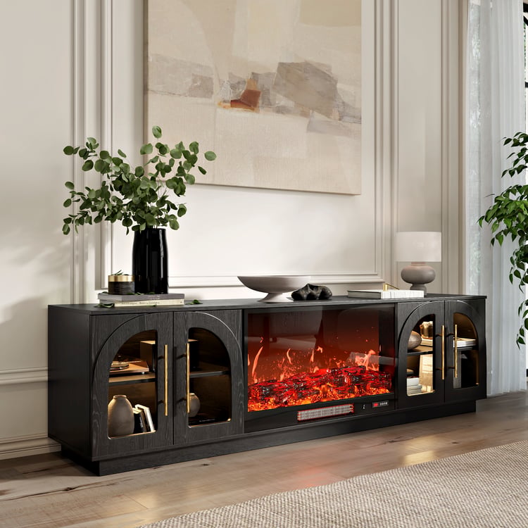 Arune 80" Arched Glass Doors TV Stand with Electric Fireplace & Remote Control