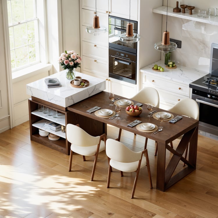 73"-93" Extendable White&Walnut Kitchen Island with Storage Kitchen Cabinet｜Homary