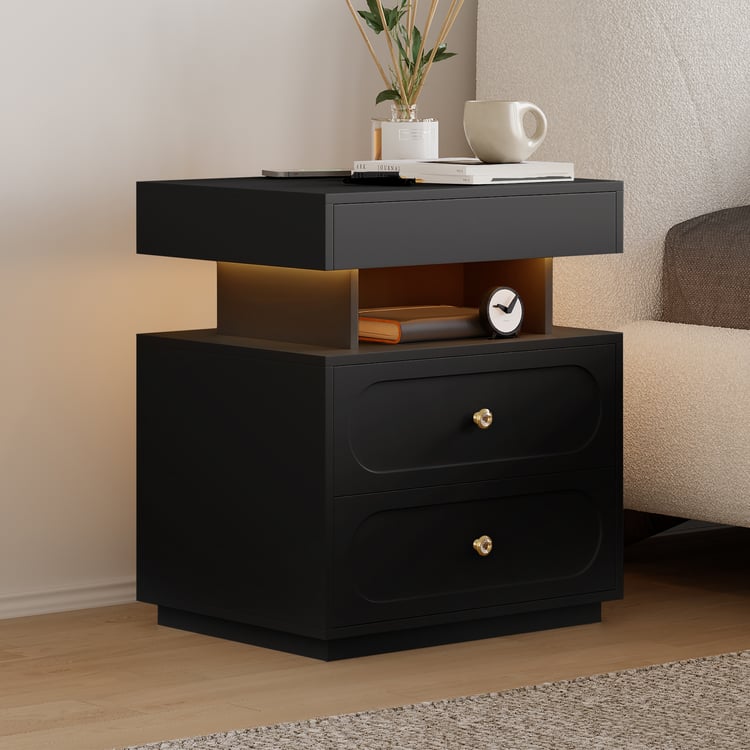 Modern Smart Nightstand with Light 2 Drawer Bedside Table with Charging Station｜Homary