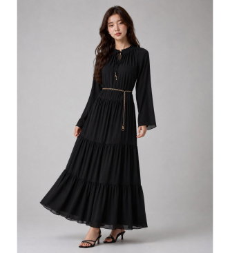 Vestido maxi con cuello anudado smock negro