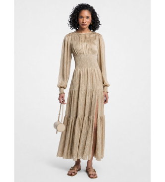 Vestido maxi smock de manga larga beige