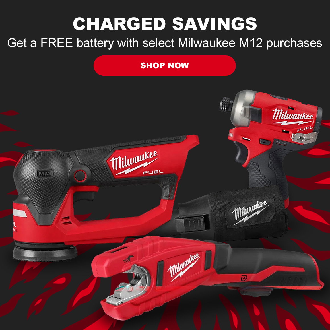 CHARGED SAVINGS | Get a FREE battery with select Milwaukee M12 purchases | Shop Now