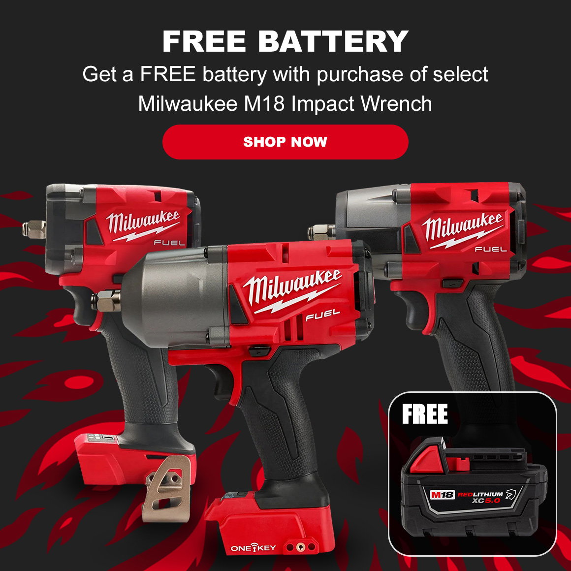 FREE BATTERY | Get a FREE battery with purchase of select Milwaukee M18 Impact Wrench | Shop Now