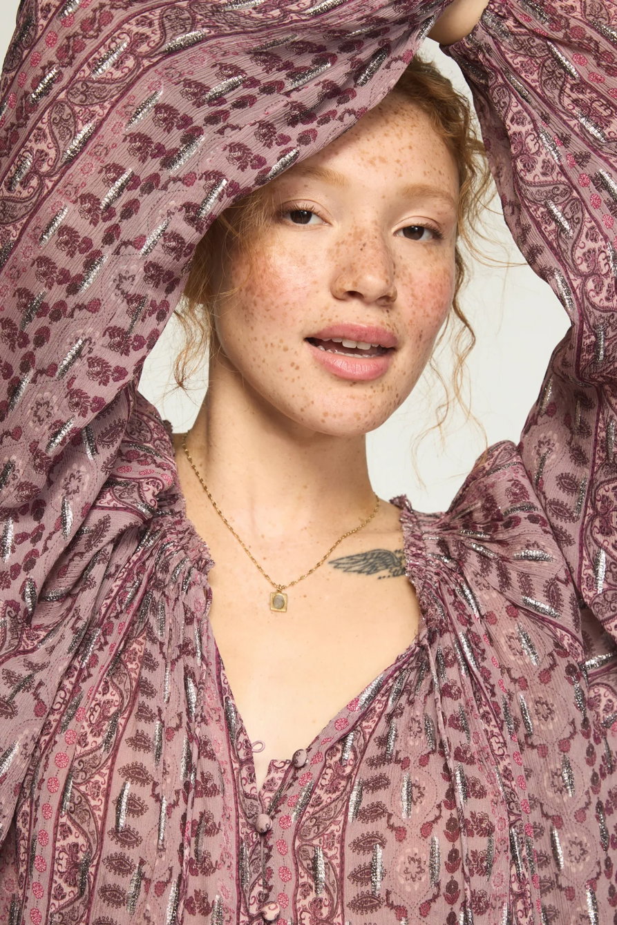 Image of Lucky Brand Shine Print Mix Blouse - Women's Clothing Blouses Tops Dress Shirts in Blue Paisley Stripe