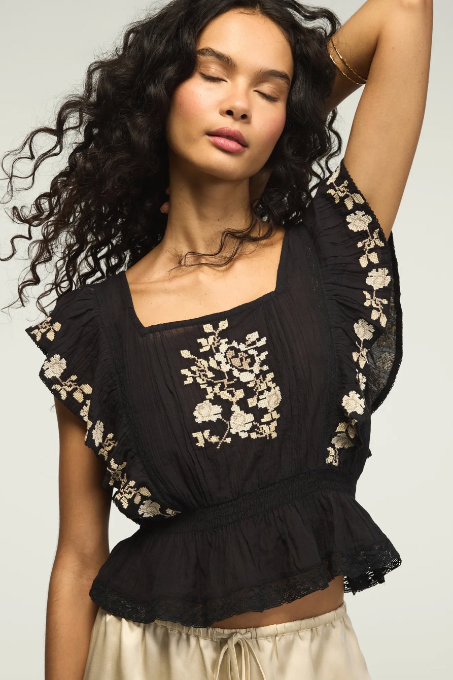 Image of Lucky Brand Contrast Embroidered Ruffle Top - Women's Clothing Ruffled Tops Shirts in Caviar
