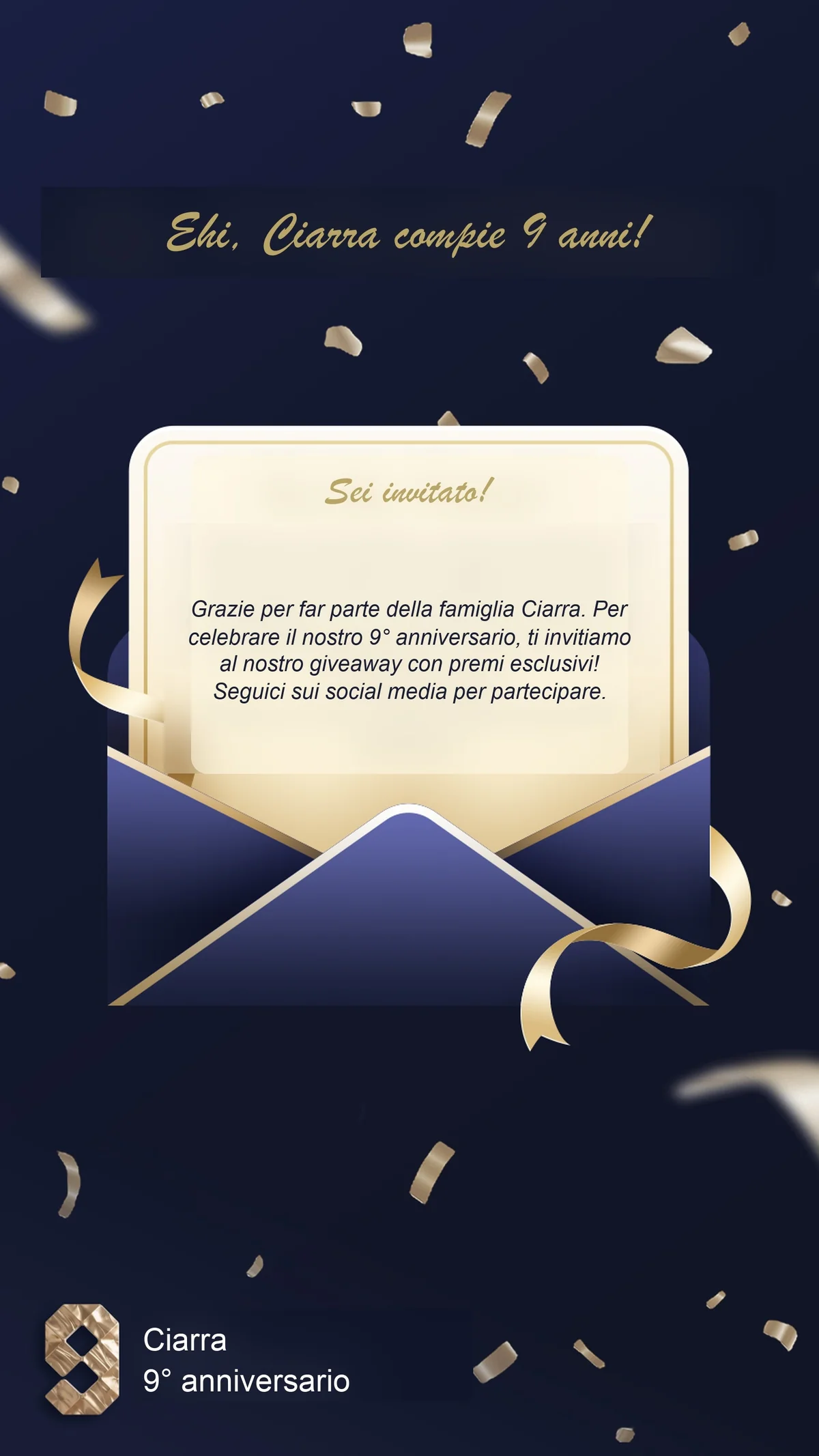 Un'immagine di invito all'anniversario con coriandoli festivi e scatole regalo, con il testo "Giveaway del 9° Anniversario".
