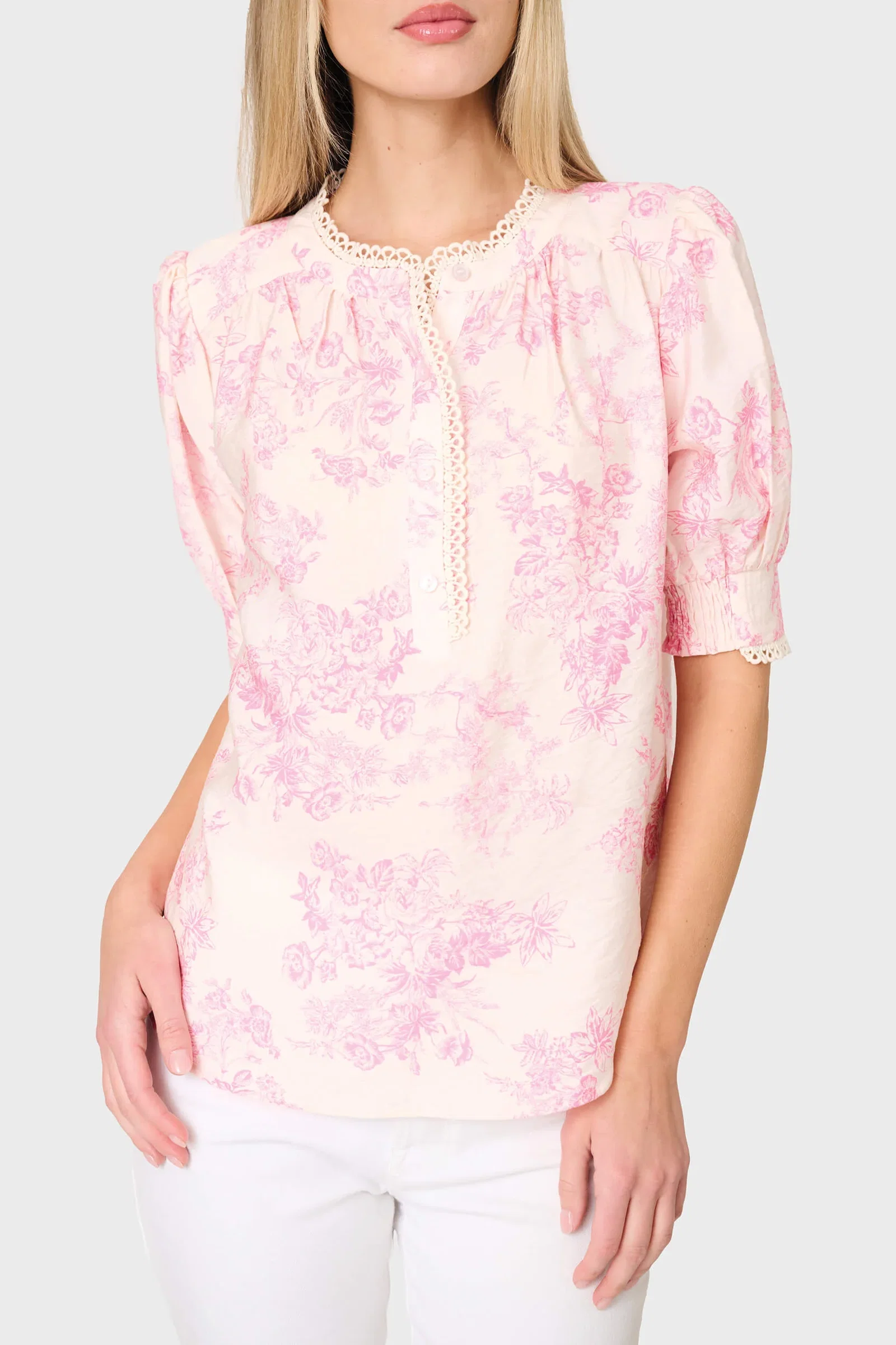 Image of Dianthus Henley Crochet Trim Blouse