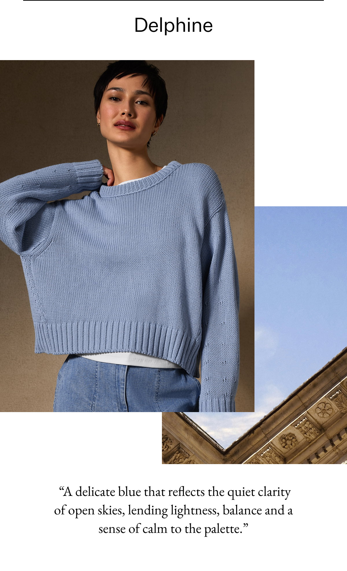 Delphine "A delicate blue that reflects the quiet clarity of open skies, lending lightness, balance and a sense of calm to the palette."