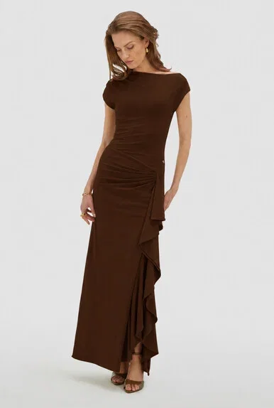JV-ZYLAS slim fit maxi jurk met ruffles - brown