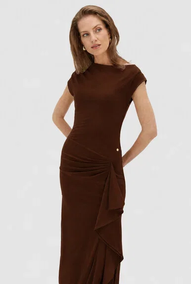 JV-ZYLAS slim fit maxi jurk met ruffles - brown