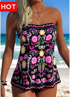 Black Tummy Coverage Floral Print Tankini Top