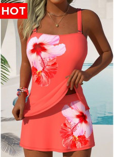 Orange Mid Waisted Tummy Coverage Floral Print Tankini Set