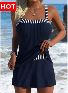 Navy Mid Waisted Striped Tankini Set