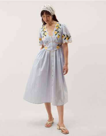Marisol Lemon Embroidered Stripe Midi Dress Blue