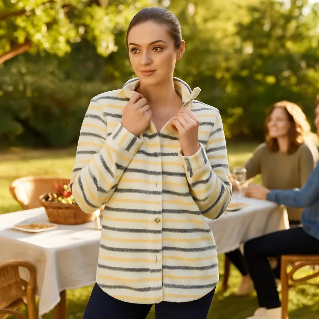 Woman wearing striped cardigan at outdoor garden gathering with friends and food