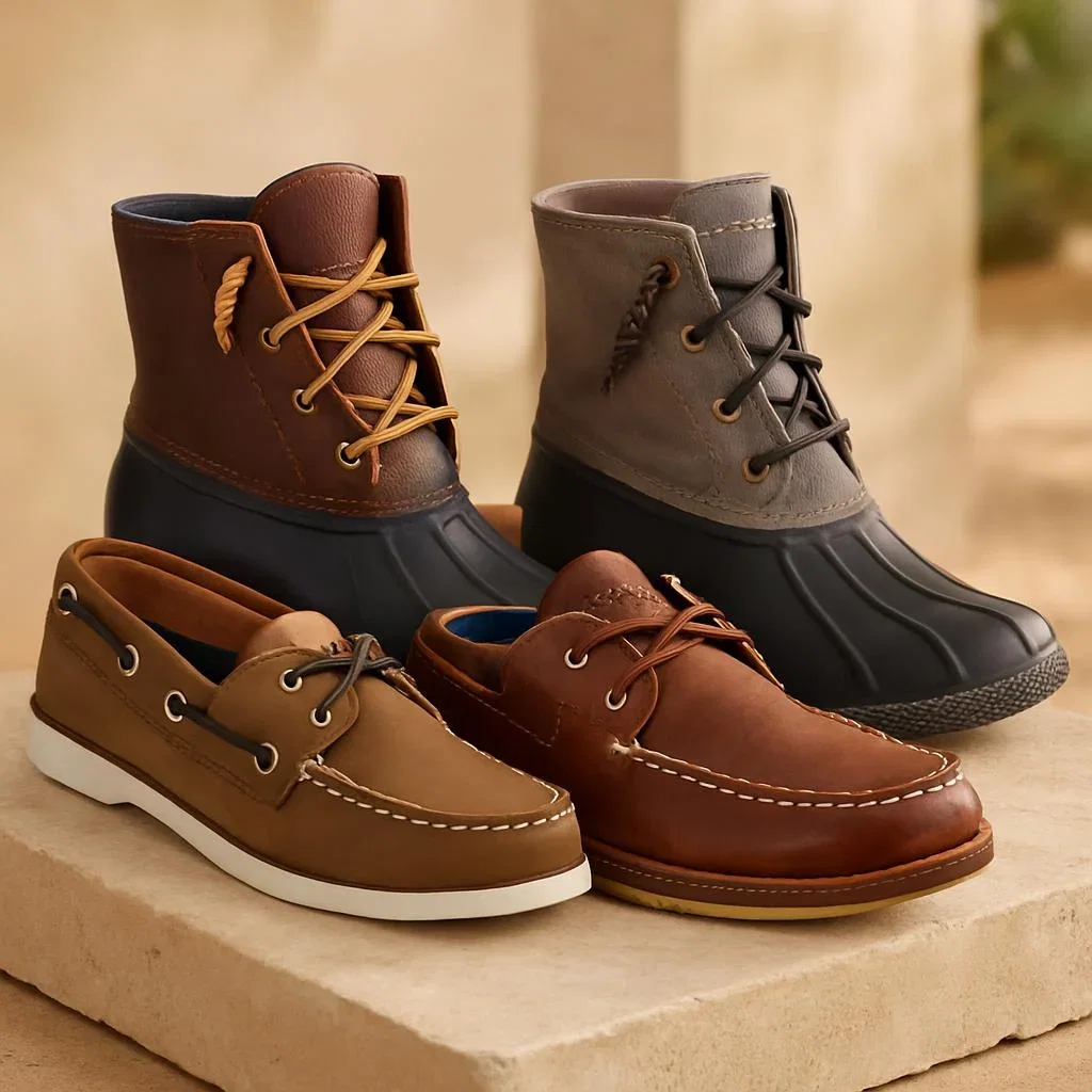Classic Style by Sperry collection featuring four leather boots and boat shoes in brown tones displayed on a beige surface.