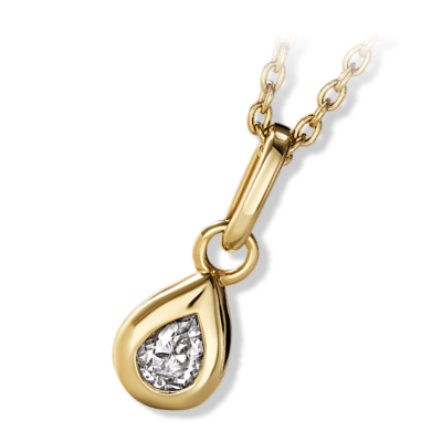 Yellow gold necklace featuring bezel-set pear-shaped pendant.