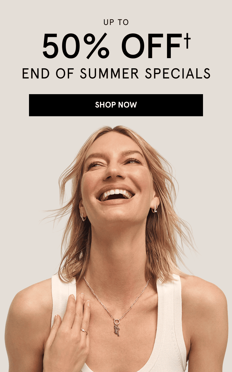 A model wearing a gold necklace and earrings. Up to 50% off End-of-Summer specials. Click shop now.