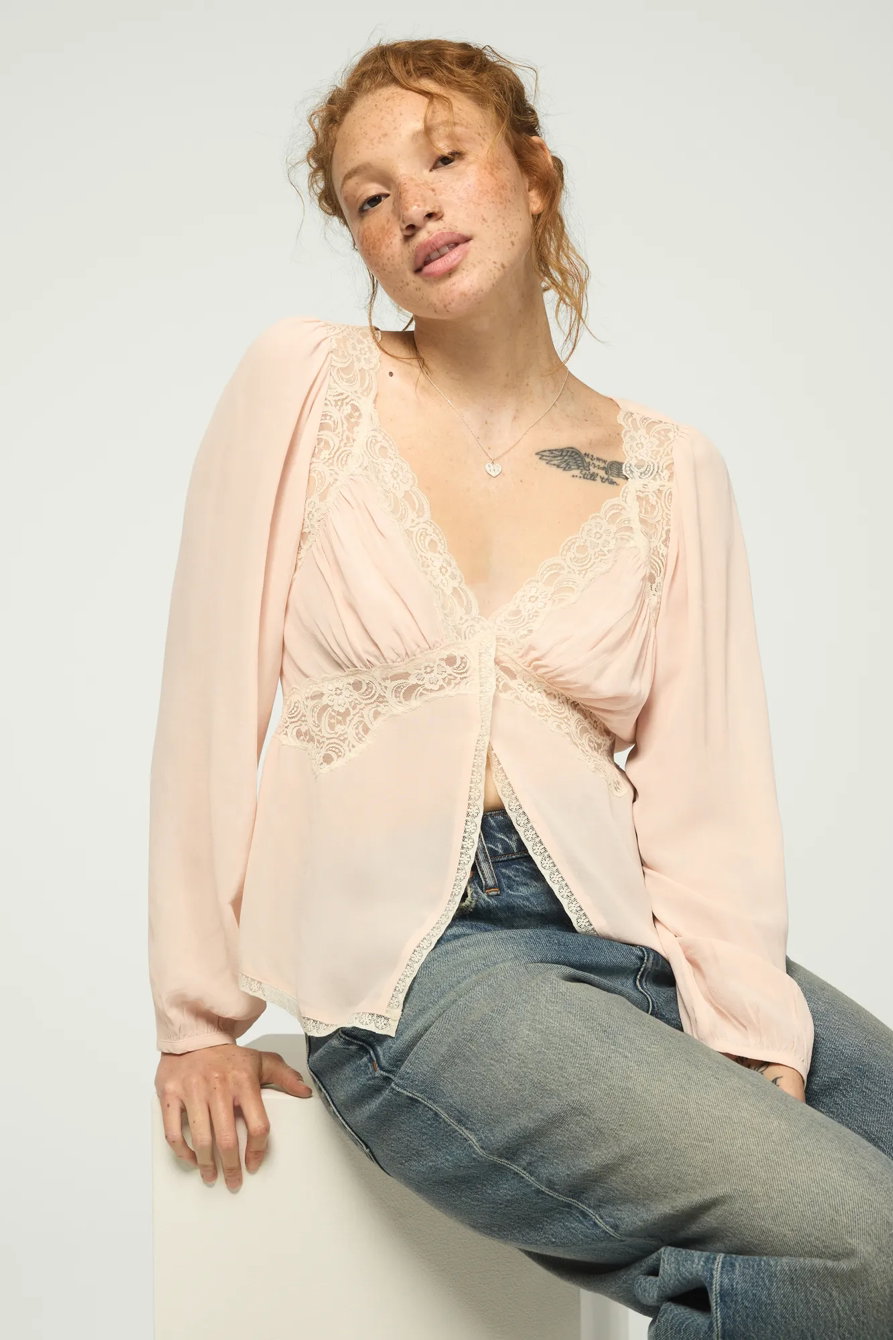 Image of Lucky Brand Long Sleeve Lace Cutaway Top - Women's Clothing Long Sleeve Tee Shirt Tops in Caviar