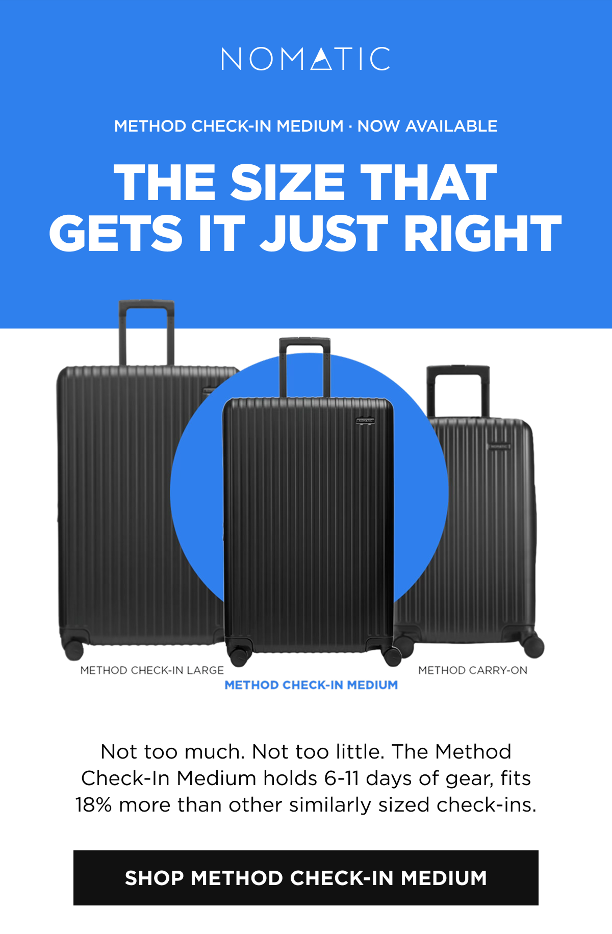 Method Check-In Medium · Now Available   The size that gets it just right  [SHOP METHOD CHECK-IN MEDIUM]