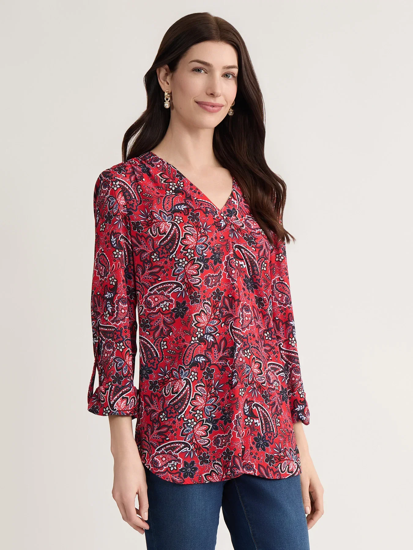V-Neck Pleated Kelly Blouse, Printed Crepe