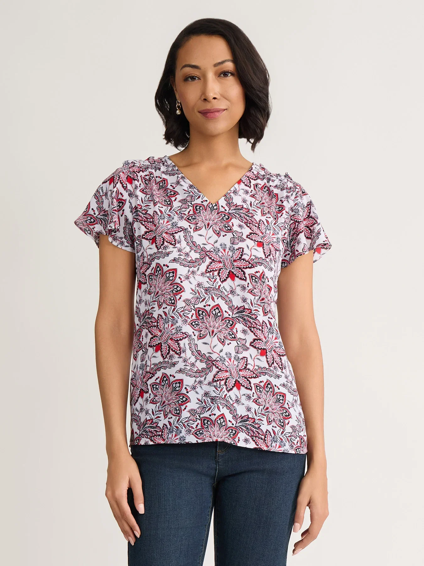 Short Flutter Sleeve Blouse, Printed Crepe