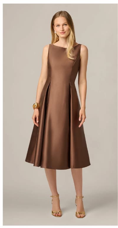 Sleeveless Mikado Fit And Flare Midi Dress With V-Back In Espresso