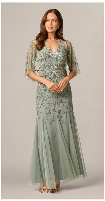 Cape Sleeve Opaline Floral Beaded Mermaid Gown In Sage