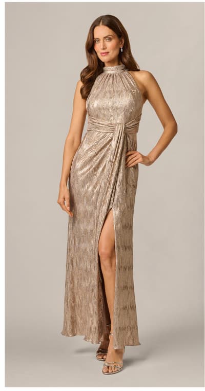 Crinkle Metallic Draped Stretch Halter Gown In Rosegold