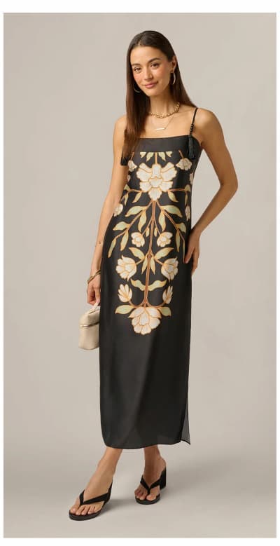 Floral Printed Satin Midi Slip Dress In Black Multi