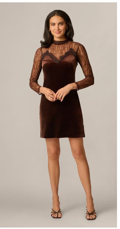 Long Sleeve Velvet Lace Sweetheart Illusion Cocktail Dress In Dark Brown