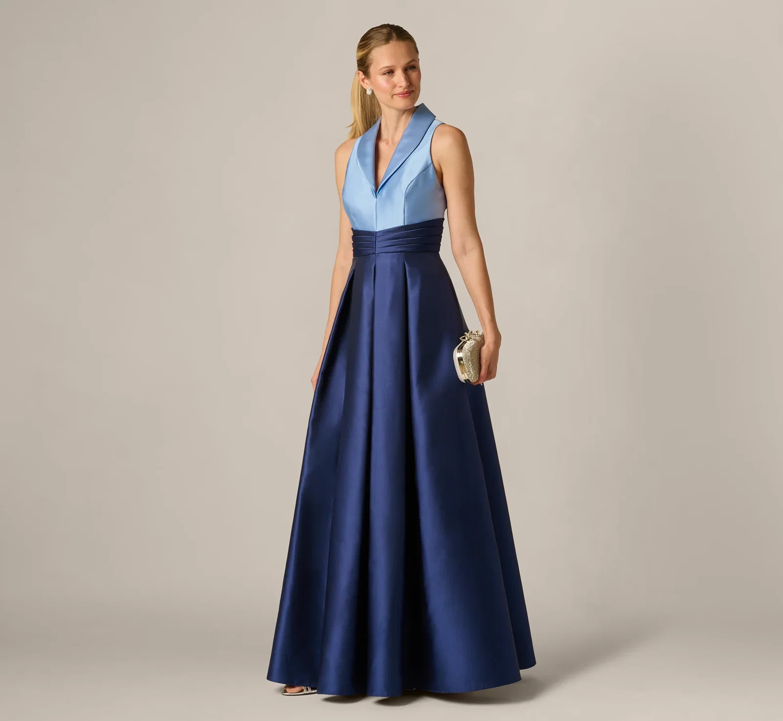 Image of Sleeveless Color Block Tuxedo Ballgown In Icy Topaz Navy