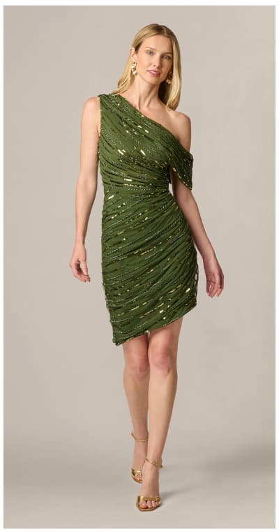 One Shoulder Draped Sequin Beaded Mini Dress In Olive Cypress