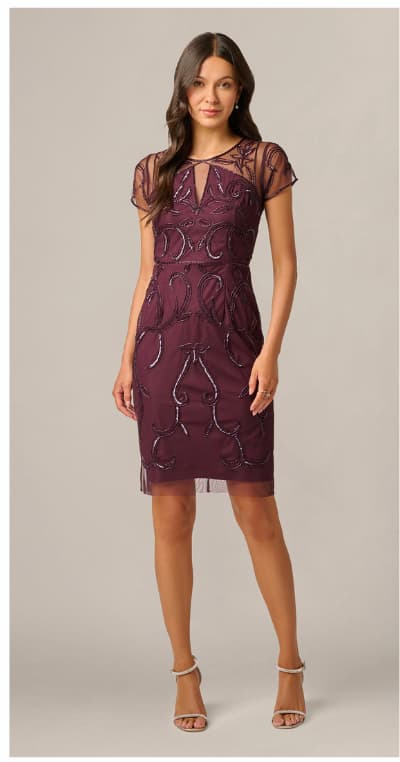 Short Sleeve Beaded Illusion Sheath Dress In Night Plum