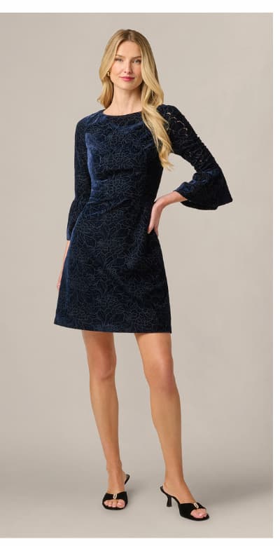 Bell Sleeve Floral Stretch Burnout Velvet Short Dress In Navy