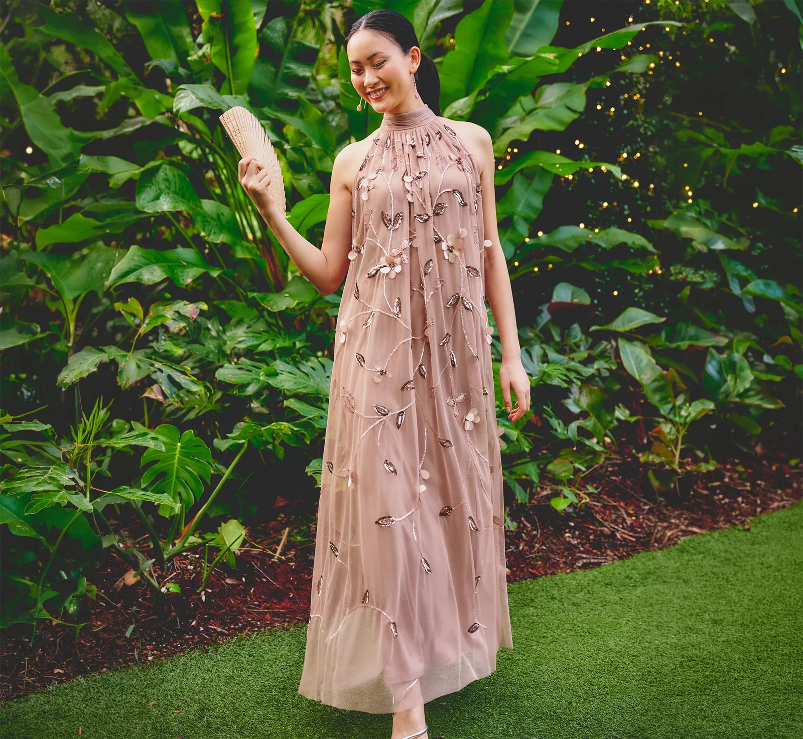 Image of 3D Floral Sequin Bead Trapeze Gown In Cafe Mocha