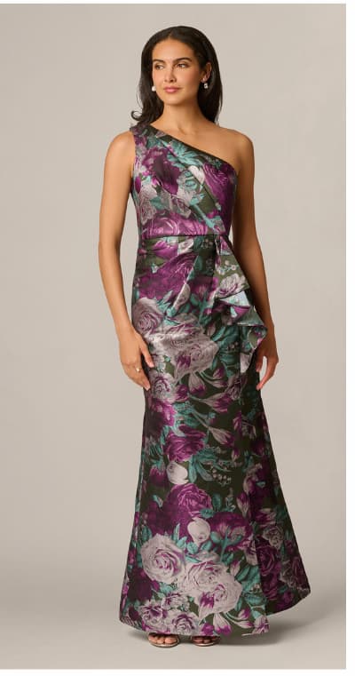 One Shoulder Rose Garden Jacquard Mermaid Gown In Green Multi