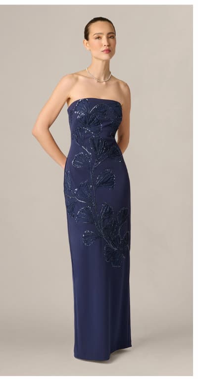 Strapless Floral Beaded Soutache Column Gown In Dark Navy
