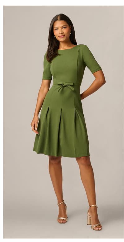 Knit Crepe Bow Front Dress In Olive Cypress