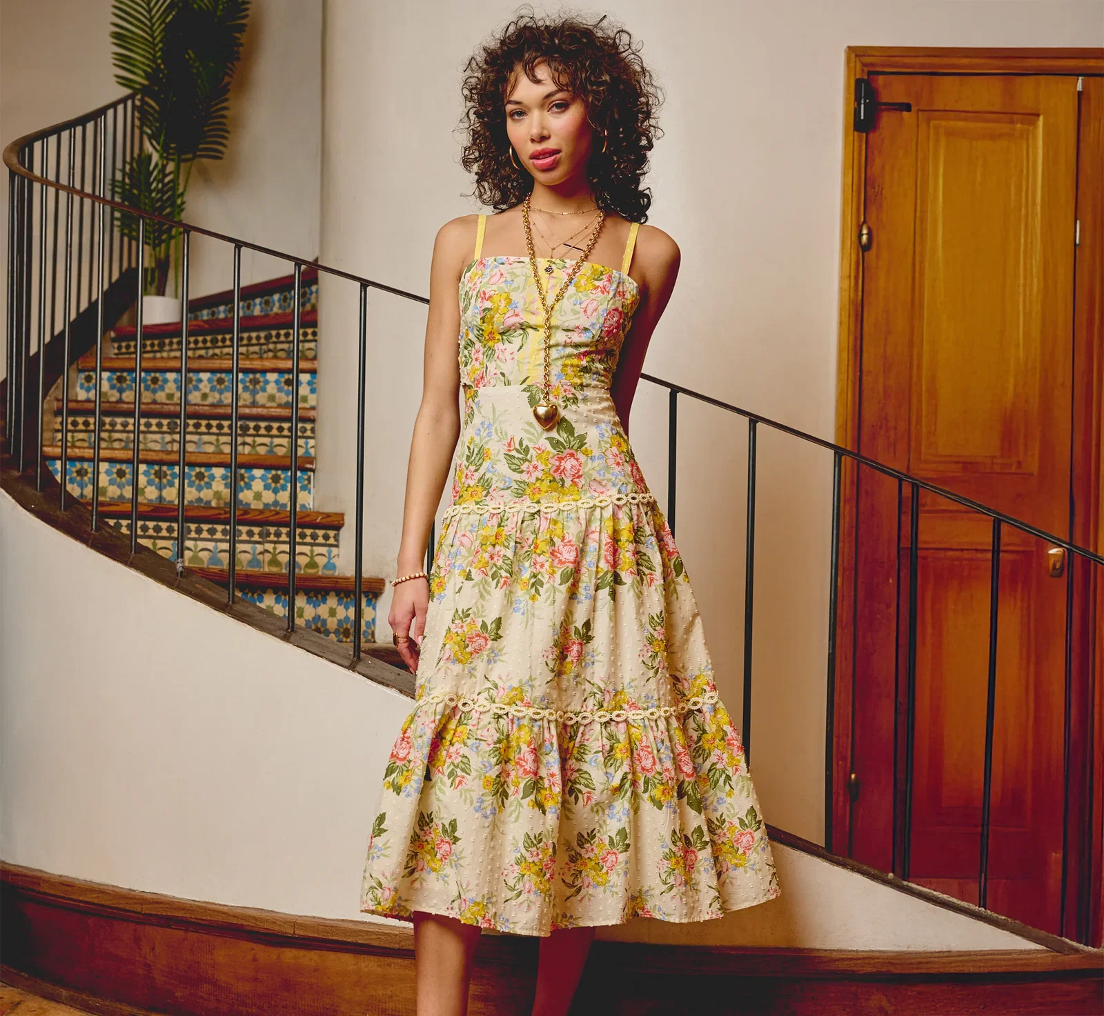 Image of Cotton Vintage Floral Midi Sundress In Pale Yellow